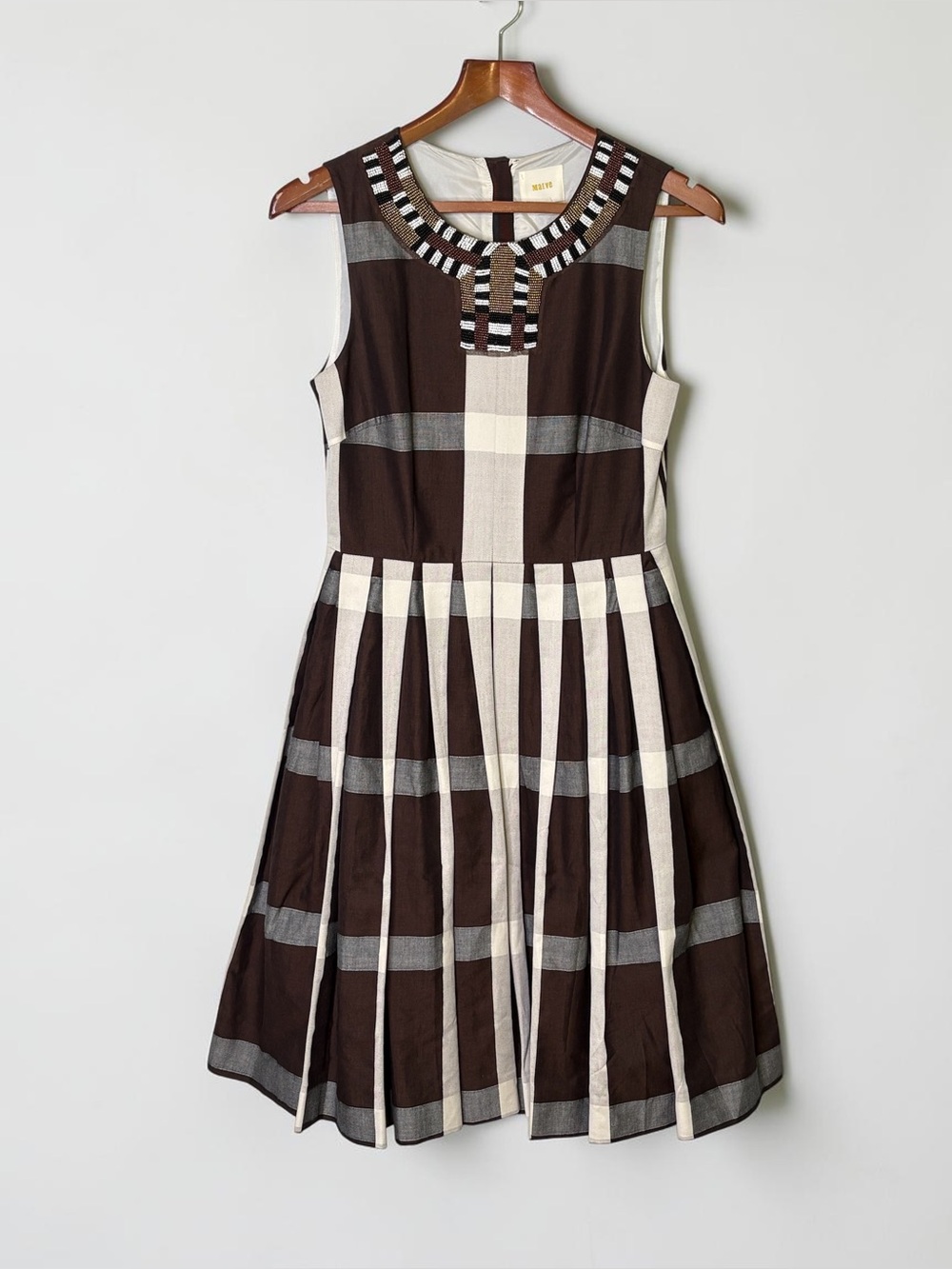 Anthropologie Maeve Beaded Plaid Fit & Flare Midi Dress 6 Brown Cream MSRP $248 - Picture 5 of 15